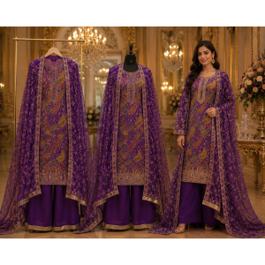 Royal Amethyst Paisley Designer Unstitched Crape Suit with Pure Chiffon Dupatta