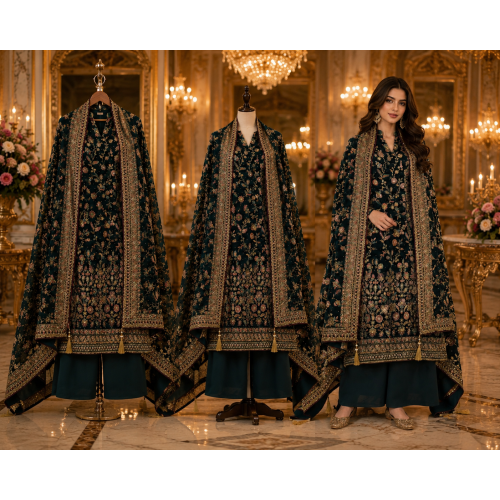 Royal Mayura Plume Georgette Unstitched Suit with Peacock Wing Paisley Embroidery