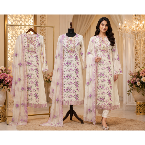 Ivory Bloom Cotton Floral Unstitched Suit with Pure Chiffon Dupatta Ivory Bloom Cotton Floral Unstitched Suit with Pure Chiffon Dupatta