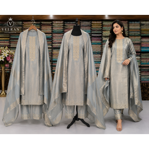 Silver Mist Banarasi Jakhat Unstitched Suit Set with Premium Banarasi Dupatta Silver Mist Banarasi Jakhat Unstitched Suit Set with Premium Banarasi Dupatta