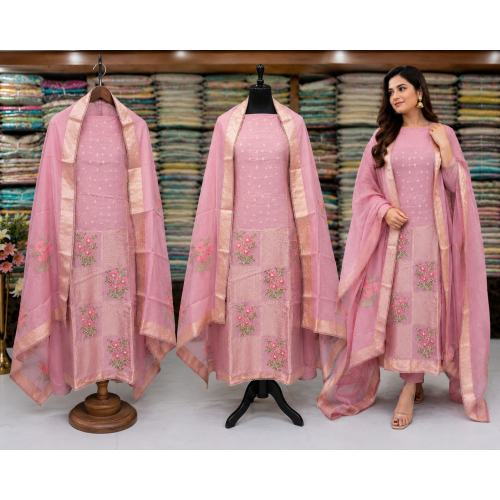 Blush Pink Banarasi Buti Designer Unstitched Suit Set with Banarasi Buti Dupatta