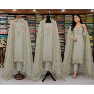 Mint Sage Taneria Silk Designer Unstitched Suit Set with Pure Chiffon Dupatta