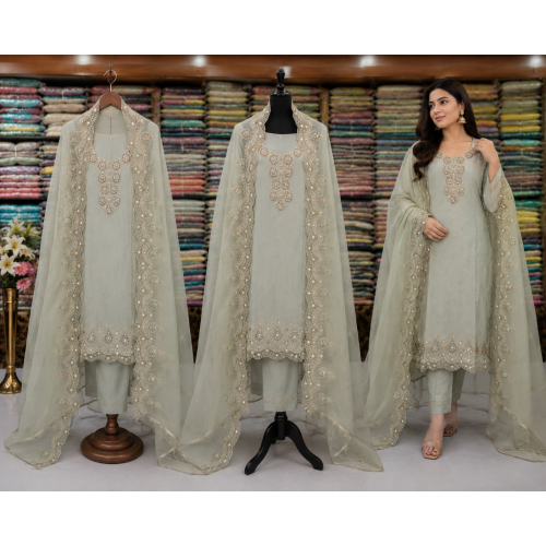 Mint Sage Taneria Silk Designer Unstitched Suit Set with Pure Chiffon Dupatta