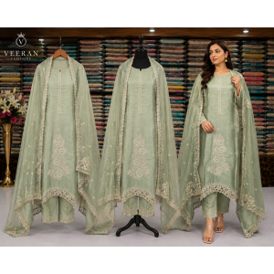 Sage Green Shimmer Designer Unstitched Suit Set with Pure Chiffon Dupatta