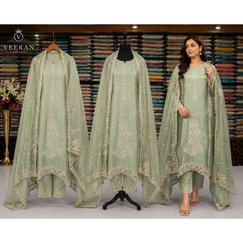 Sage Green Shimmer Designer Unstitched Suit Set with Pure Chiffon Dupatta Sage Green Shimmer Designer Unstitched Suit Set with Pure Chiffon Dupatta