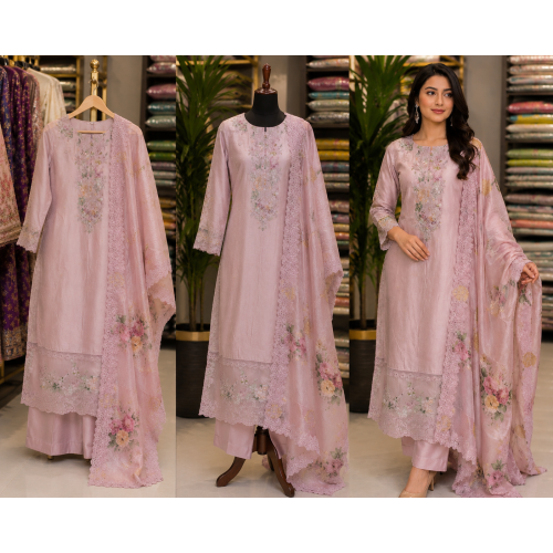Blush Rose Pure Maslin Self Print Unstitched Suit with Appliqué Patch Work Blush Rose Pure Maslin Self Print Unstitched Suit with Appliqué Patch Work