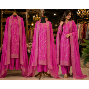 Royal Fuchsia Banarasi Dola Silk Unstitched Suit with Woven Dupatta