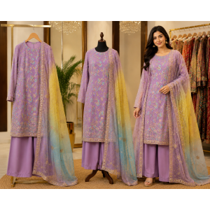 Royal Lavender Crape Unstitched Suit Set with Heavy Pure Chiffon Dupatta