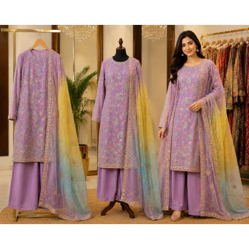Royal Lavender Crape Unstitched Suit Set with Heavy Pure Chiffon Dupatta Royal Lavender Crape Unstitched Suit Set with Heavy Pure Chiffon Dupatta