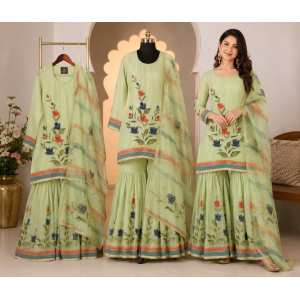 Mint Blossom Glass Organza Semi-Stitched Sharara Garara Suit Set Mint Blossom Glass Organza Semi-Stitched Sharara Garara Suit Set