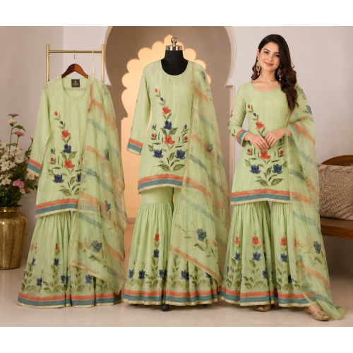 Mint Blossom Glass Organza Semi-Stitched Sharara Garara Suit Set Mint Blossom Glass Organza Semi-Stitched Sharara Garara Suit Set