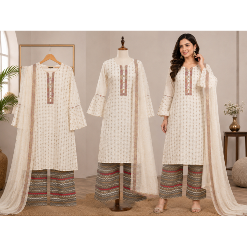 Ivory Floral Cotton Stitched Suit Set with Organza Dupatta Ivory Floral Cotton Stitched Suit Set with Organza Dupatta