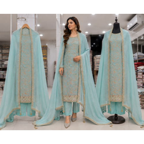 Celestial Aqua Chenon Designer Unstitched Suit Set Celestial Aqua Chenon Designer Unstitched Suit Set