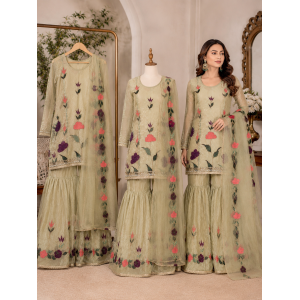 Sage Bloom Glass Organza Semi-Stitched Sharara Garara Suit Set Sage Bloom Glass Organza Semi-Stitched Sharara Garara Suit Set