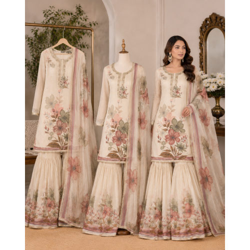 Ivory Blossom Glass Organza Semi-Stitched Sharara Garara Suit Set Ivory Blossom Glass Organza Semi-Stitched Sharara Garara Suit Set