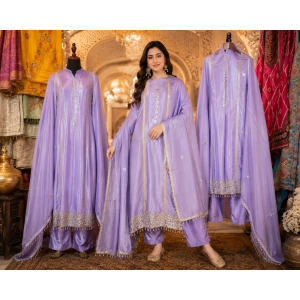 Lavender Luxe Pure Shimmer Mirror Work Unstitched Suit Set