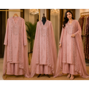 Rose Blush Crush Shimmer Unstitched Suit Set with Mirror Work Dupatta