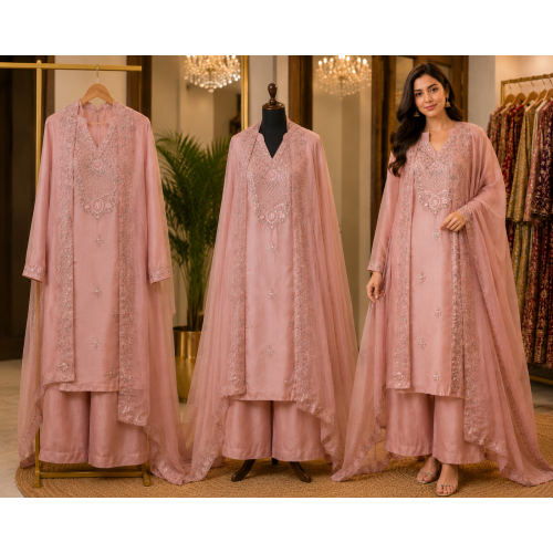 Rose Blush Crush Shimmer Unstitched Suit Set with Mirror Work Dupatta Rose Blush Crush Shimmer Unstitched Suit Set with Mirror Work Dupatta
