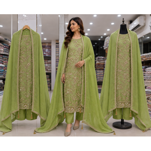 Pistachio Green Embroidered Organza Unstitched Suit Set Pistachio Green Embroidered Organza Unstitched Suit Set