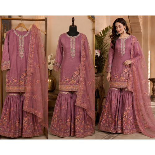 Royal Mauve Floral Glass Organza Semi-Stitched Sharara Garara Suit Set Royal Mauve Floral Glass Organza Semi-Stitched Sharara Garara Suit Set