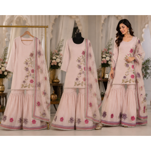 Blush Blossom Floral Glass Organza Semi-Stitched Sharara Garara Suit Set Blush Blossom Floral Glass Organza Semi-Stitched Sharara Garara Suit Set