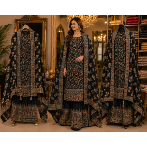 Midnight Royale Black Premium Crape Unstitched Suit Set with Heavy Georgette Dupatta