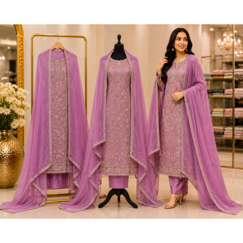 Lavender Royale Organza Unstitched Suit Set Lavender Royale Organza Unstitched Suit Set