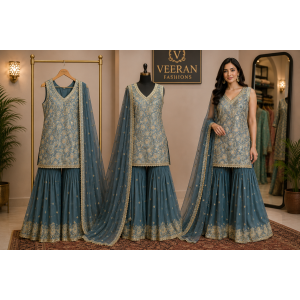 Royal Dusty Blue Georgette Stitched Kameez with Farshi Salwar & Georgette Dupatta