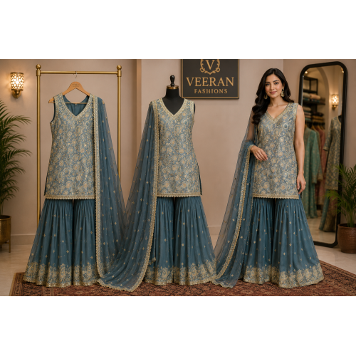 Royal Dusty Blue Georgette Stitched Kameez with Farshi Salwar & Georgette Dupatta Royal Dusty Blue Georgette Stitched Kameez with Farshi Salwar & Georgette Dupatta