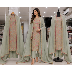 Mint Sage Heritage Crape Unstitched Suit Set with Pure Chiffon Dupatta