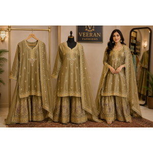 Royal Olive Shimmer Embroidered Stitched Sharara Set with Organza Dupatta