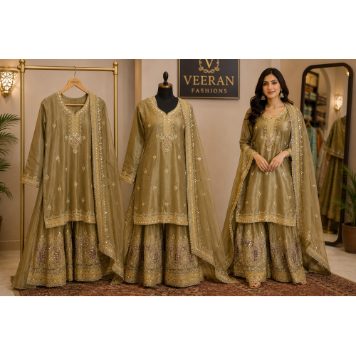Royal Olive Shimmer Embroidered Stitched Sharara Set with Organza Dupatta Royal Olive Shimmer Embroidered Stitched Sharara Set with Organza Dupatta