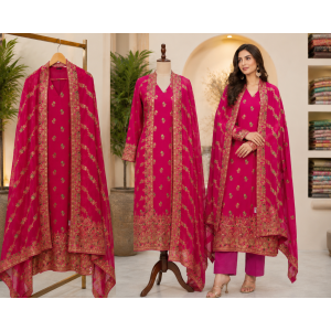 Royal Fuchsia Khaddi Designer Unstitched Suit Set with Embroidered Khaddi Dupatta