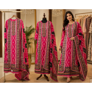 Royal Rani Pink Pure Gazzi Silk Unstitched Suit Set with Designer Dupatta