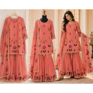 Coral Bloom Glass Organza Semi-Stitched Sharara Garara Suit Set Coral Bloom Glass Organza Semi-Stitched Sharara Garara Suit Set