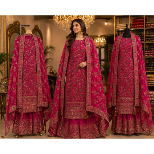 Royal Magenta Heritage Crape Unstitched Suit Set Royal Magenta Heritage Crape Unstitched Suit Set