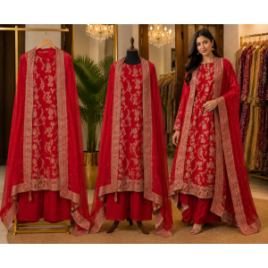 Royal Scarlet Banarasi Silk Unstitched Suit Set with Banarasi Dupatta