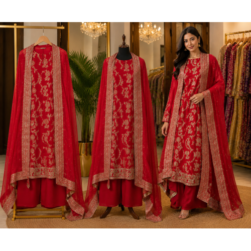 Royal Scarlet Banarasi Silk Unstitched Suit Set with Banarasi Dupatta Royal Scarlet Banarasi Silk Unstitched Suit Set with Banarasi Dupatta