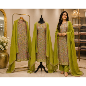 Olive Meadow Paisley Crape Unstitched Suit Set