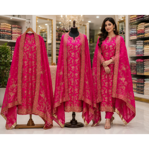 Royal Magenta Dola Silk Designer Unstitched Suit Set Royal Magenta Dola Silk Designer Unstitched Suit Set
