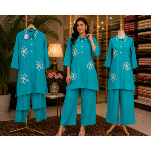 Aqua Bloom Cotton Stitched Co-Ord Set Aqua Bloom Cotton Stitched Co-Ord Set