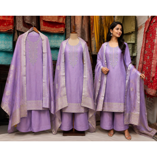 Lavender Royale Crush Shimmer Unstitched Banarasi Suit Set