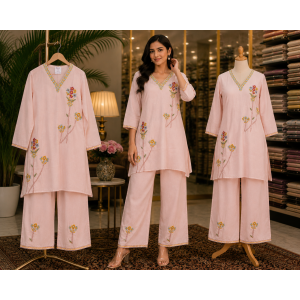 Blush Bloom Embroidered Cotton Stitched Co-Ord Set