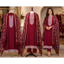 Royal Maroon Slub Cotton Embroidered Unstitched Suit Set Royal Maroon Slub Cotton Embroidered Unstitched Suit Set
