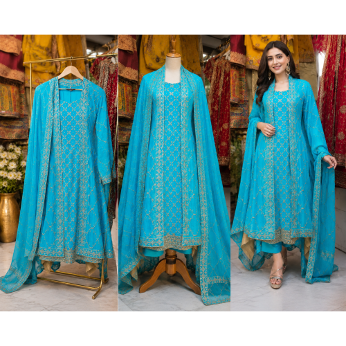 Azure Regal Chenon Unstitched Suit Set