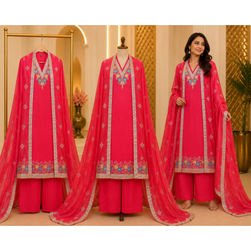 Radiant Red Chenon Unstitched Suit Set with Elegant Chenon Dupatta Radiant Red Chenon Unstitched Suit Set with Elegant Chenon Dupatta