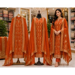 Royal Rust Dola Silk Designer Unstitched Suit Set