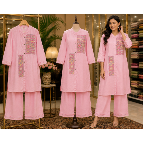 Blush Pink Cotton Heritage Stitched Co-Ord Set Blush Pink Cotton Heritage Stitched Co-Ord Set