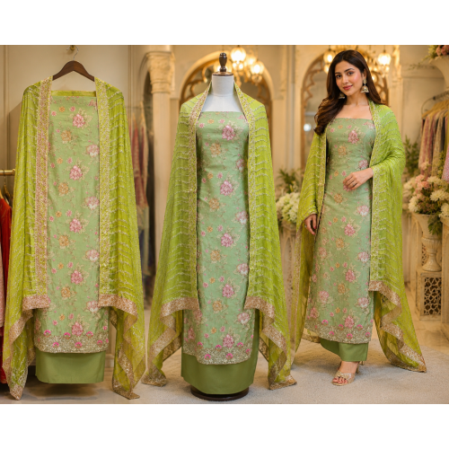 Mint Blossom Luxe Organza Unstitched Suit Set