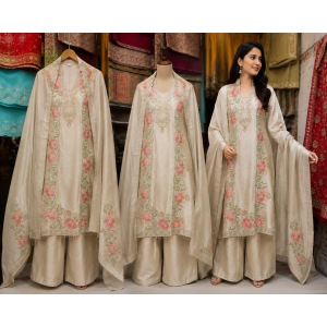 Baige Blossom Shimmer Designer Unstitched Suit Set